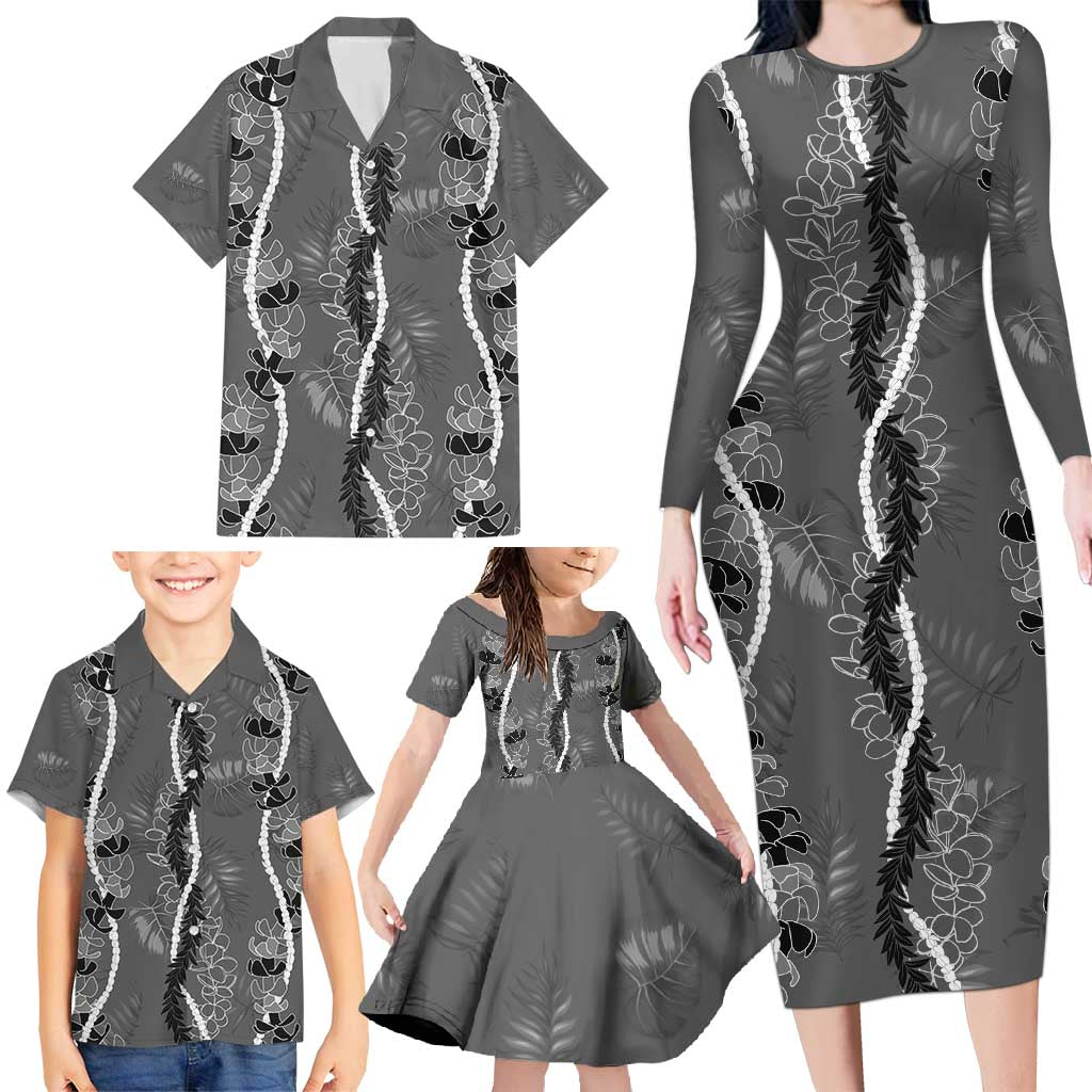 Hawaii Maile Lei Family Matching Long Sleeve Bodycon Dress and Hawaiian Shirt With Gray Monstera Pattern LT05 - Polynesian Pride