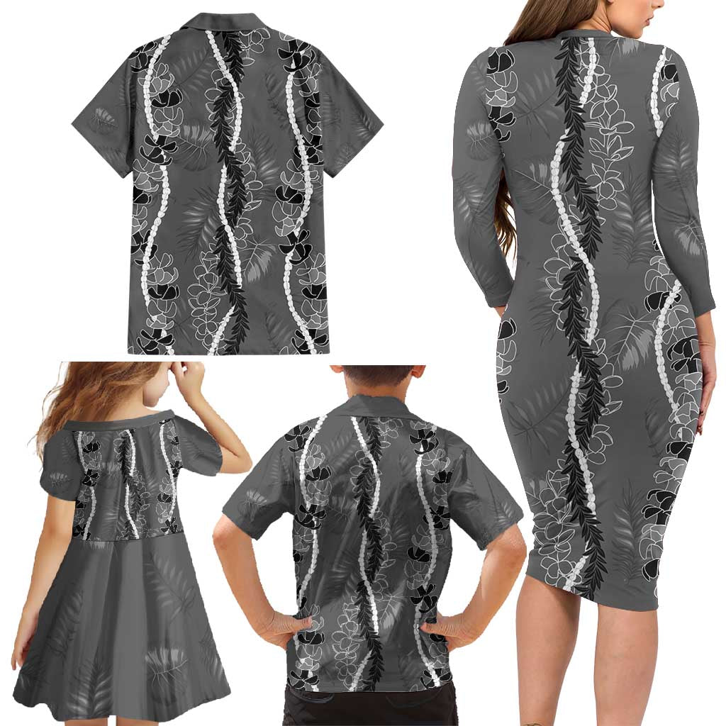 Hawaii Maile Lei Family Matching Long Sleeve Bodycon Dress and Hawaiian Shirt With Gray Monstera Pattern LT05 - Polynesian Pride