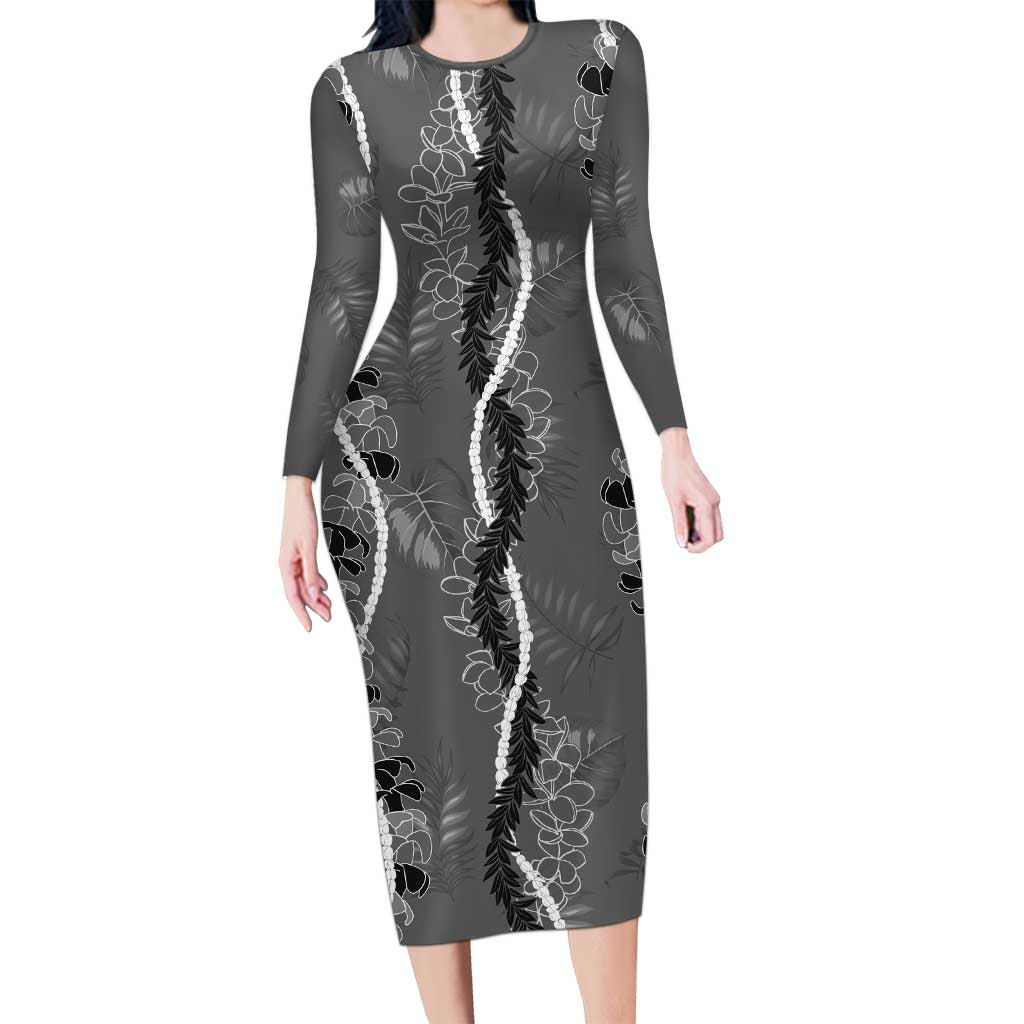 Hawaii Maile Lei Family Matching Long Sleeve Bodycon Dress and Hawaiian Shirt With Gray Monstera Pattern LT05 Mom's Dress Gray - Polynesian Pride