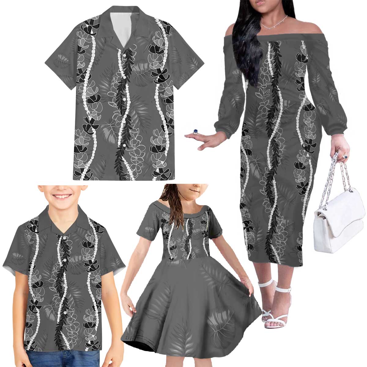 Hawaii Maile Lei Family Matching Off The Shoulder Long Sleeve Dress and Hawaiian Shirt With Gray Monstera Pattern LT05 Gray - Polynesian Pride