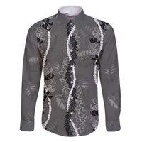 Hawaii Maile Lei Family Matching Off The Shoulder Long Sleeve Dress and Hawaiian Shirt With Gray Monstera Pattern