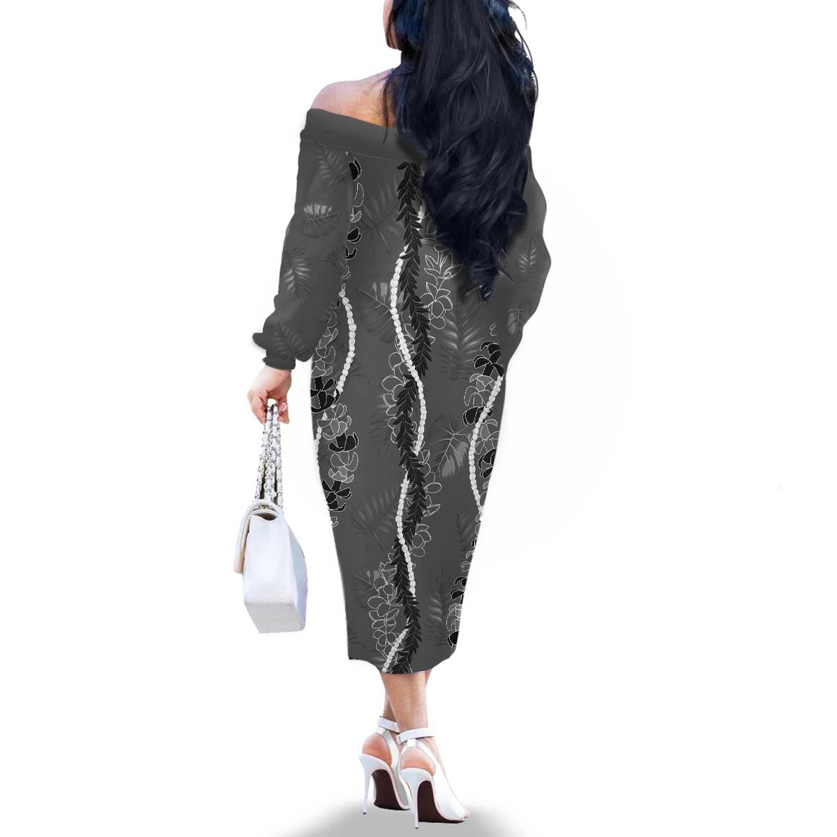 Hawaii Maile Lei Family Matching Off The Shoulder Long Sleeve Dress and Hawaiian Shirt With Gray Monstera Pattern