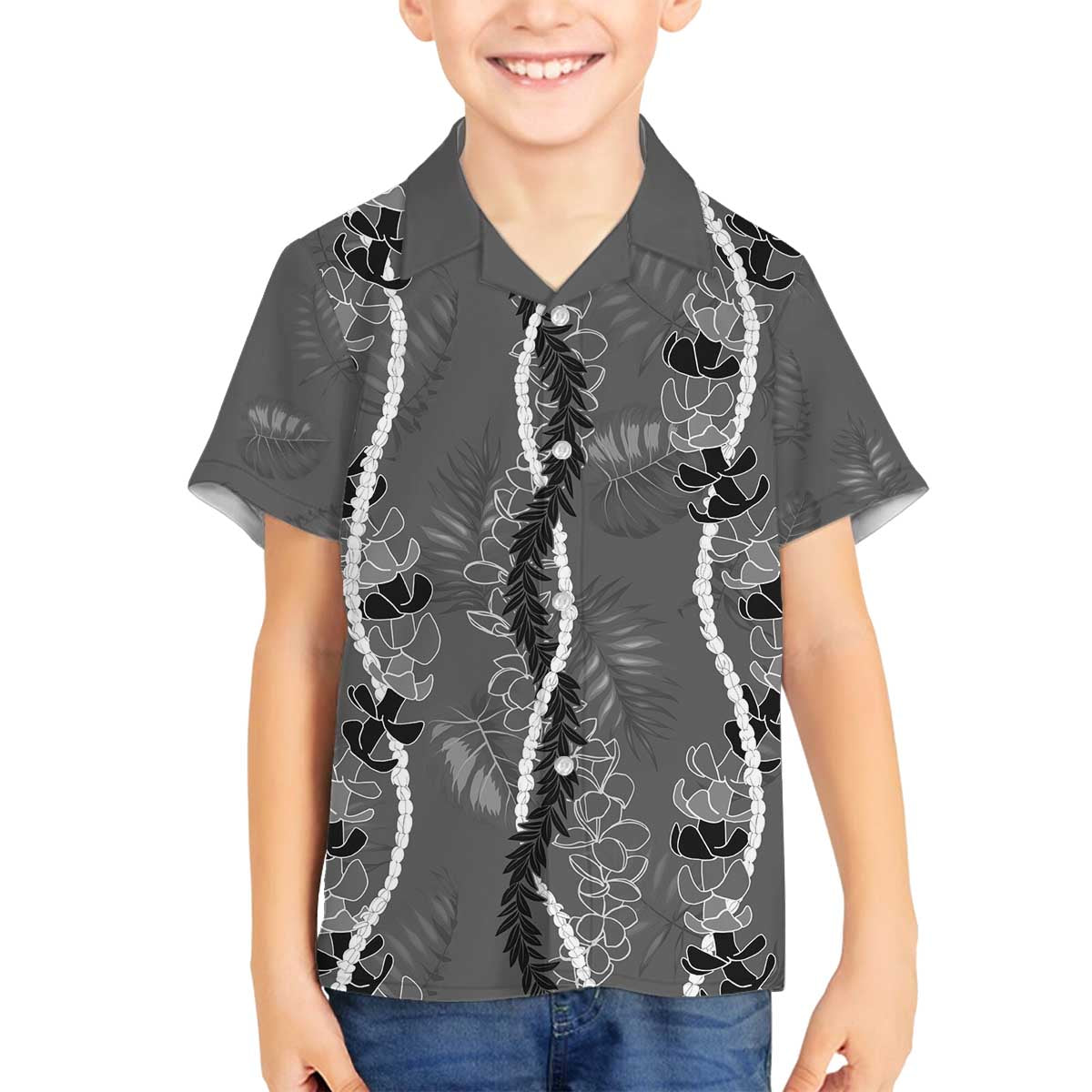 Hawaii Maile Lei Family Matching Off The Shoulder Long Sleeve Dress and Hawaiian Shirt With Gray Monstera Pattern