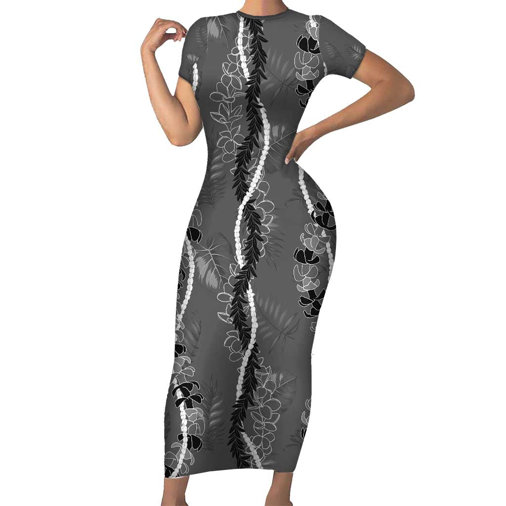 Hawaii Maile Lei Family Matching Short Sleeve Bodycon Dress and Hawaiian Shirt With Gray Monstera Pattern