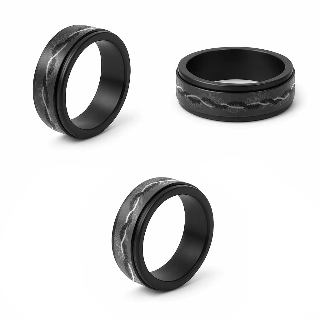 Hawaii Maile Lei Spinner Ring With Gray Monstera Pattern - Polynesian Pride