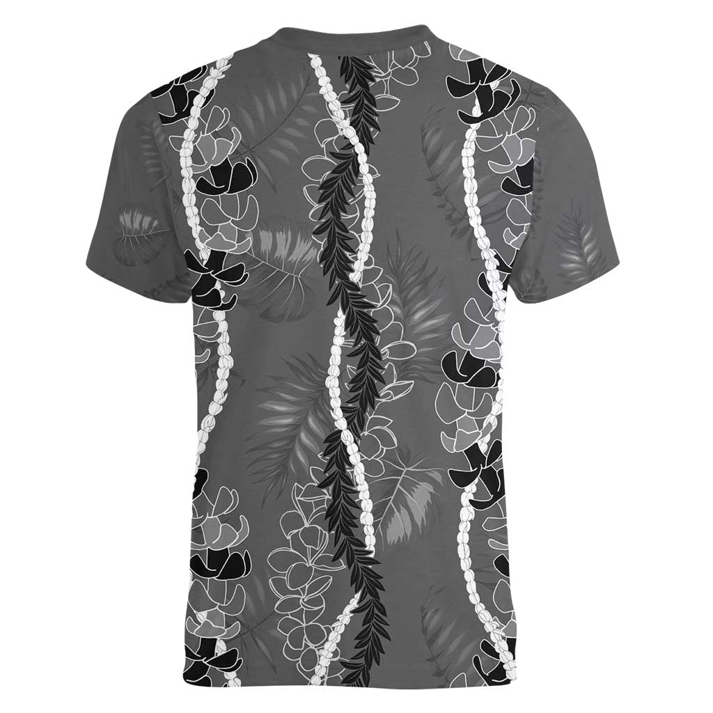 Hawaii Maile Lei Women V-Neck T-Shirt With Gray Monstera Pattern