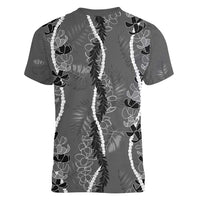 Hawaii Maile Lei Women V-Neck T-Shirt With Gray Monstera Pattern