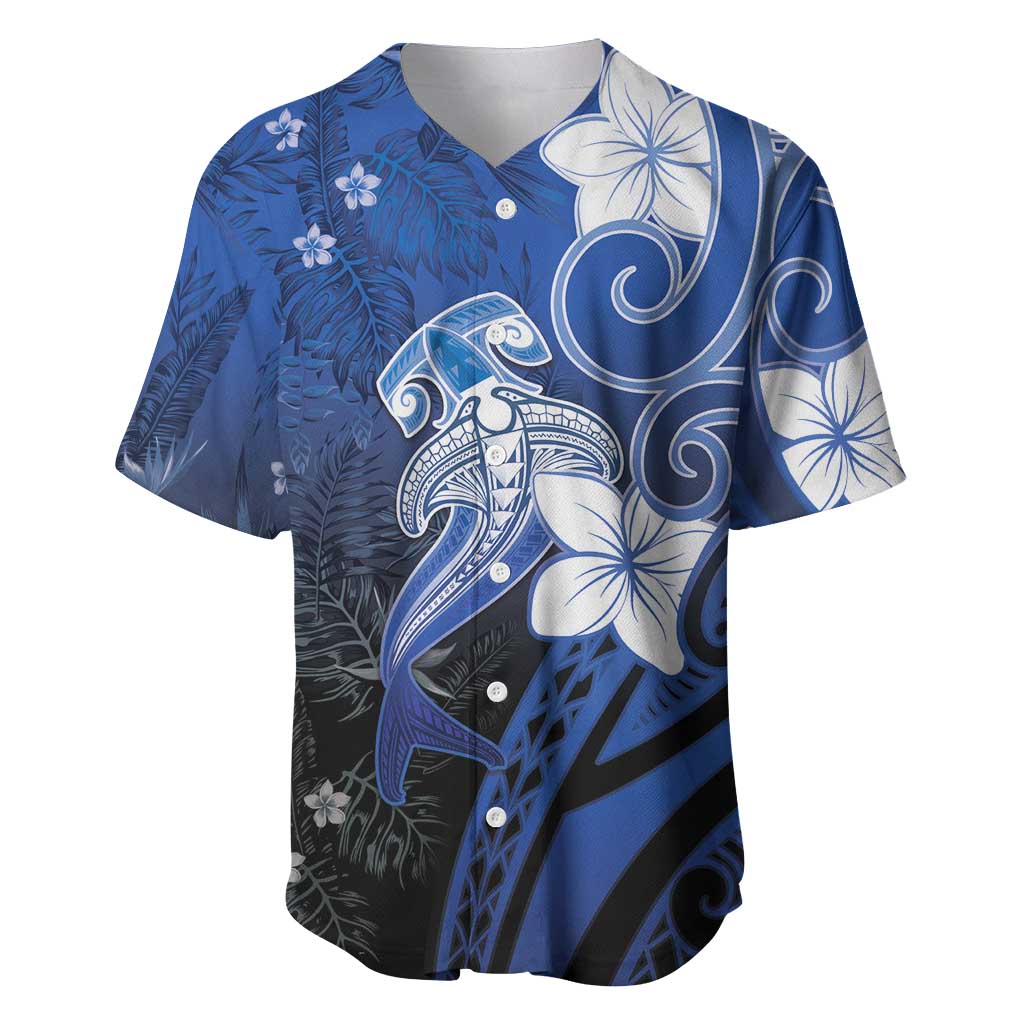 Polynesia Hammerhead Shark Baseball Jersey Blue Tribal Pattern With Plumeria - Polynesian Pride