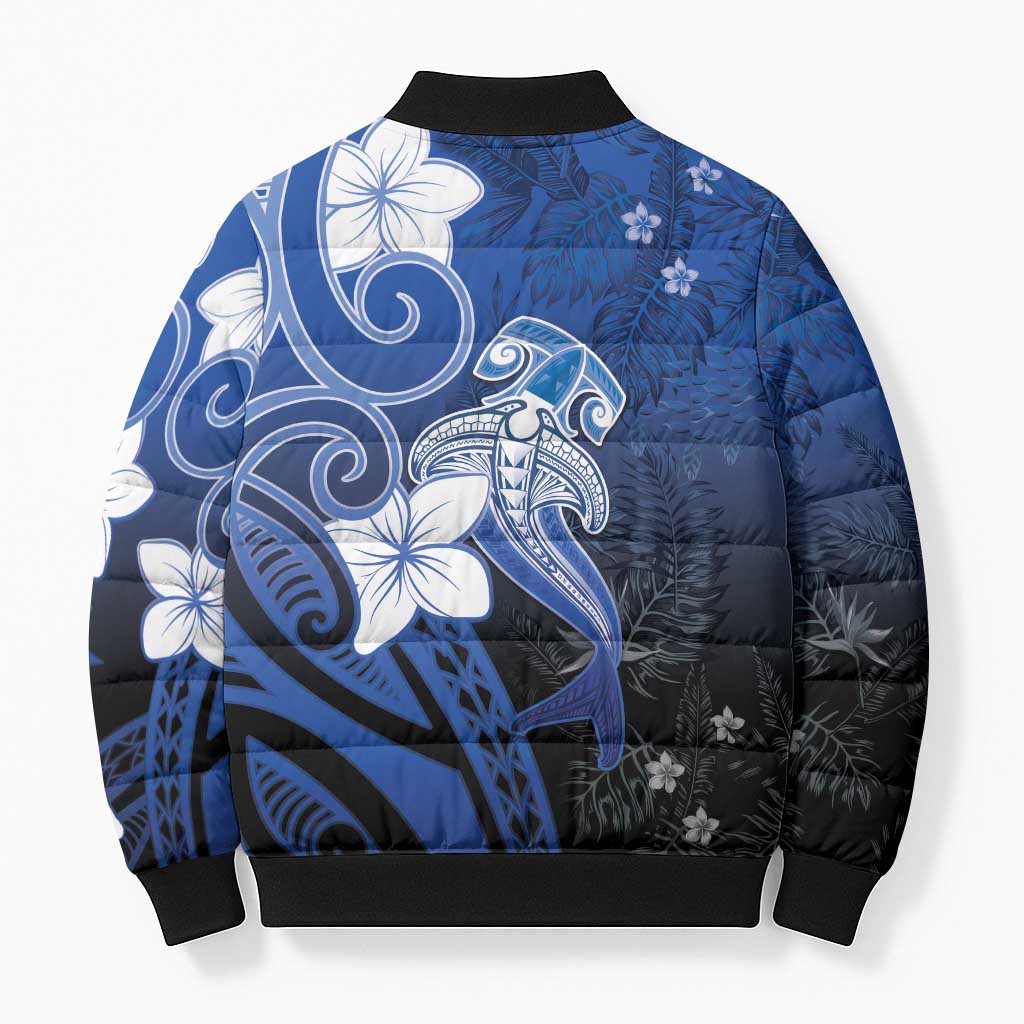 Polynesia Hammerhead Shark Bomber Puffer Jacket Blue Tribal Pattern With Plumeria - Polynesian Pride