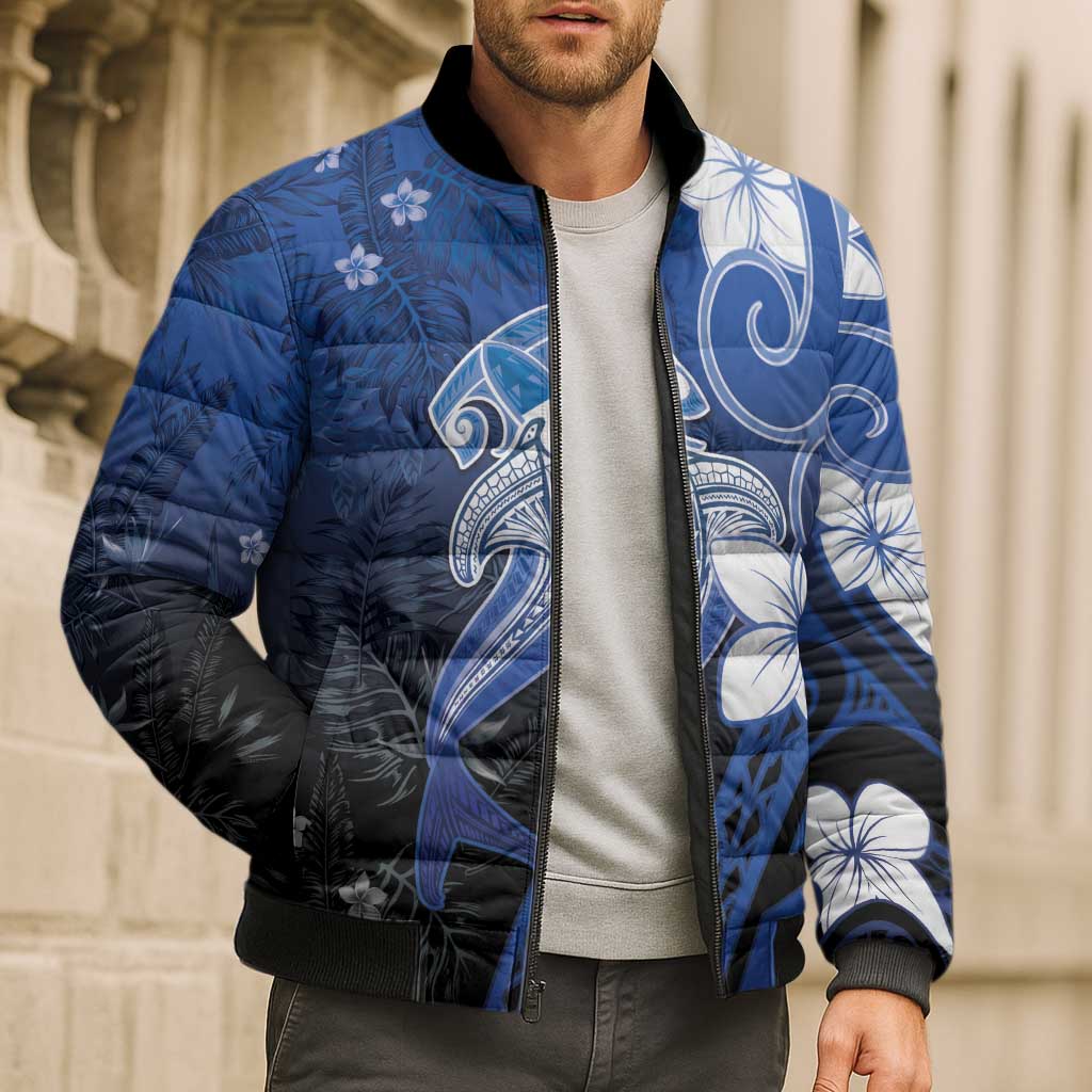 Polynesia Hammerhead Shark Bomber Puffer Jacket Blue Tribal Pattern With Plumeria - Polynesian Pride