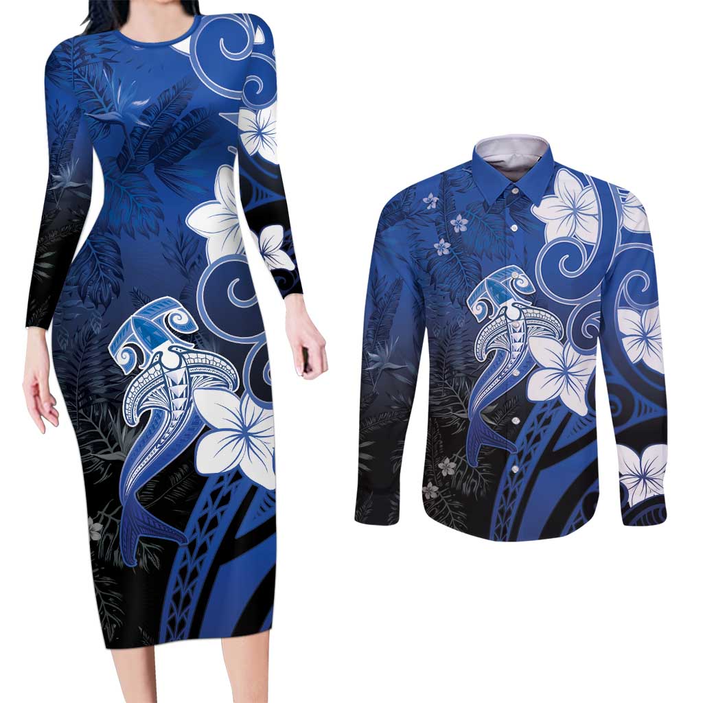Polynesia Hammerhead Shark Couples Matching Long Sleeve Bodycon Dress and Long Sleeve Button Shirt Blue Tribal Pattern With Plumeria - Polynesian Pride