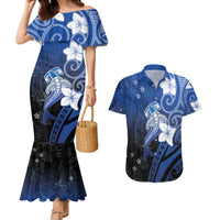 Polynesia Hammerhead Shark Couples Matching Mermaid Dress and Hawaiian Shirt Blue Tribal Pattern With Plumeria - Polynesian Pride