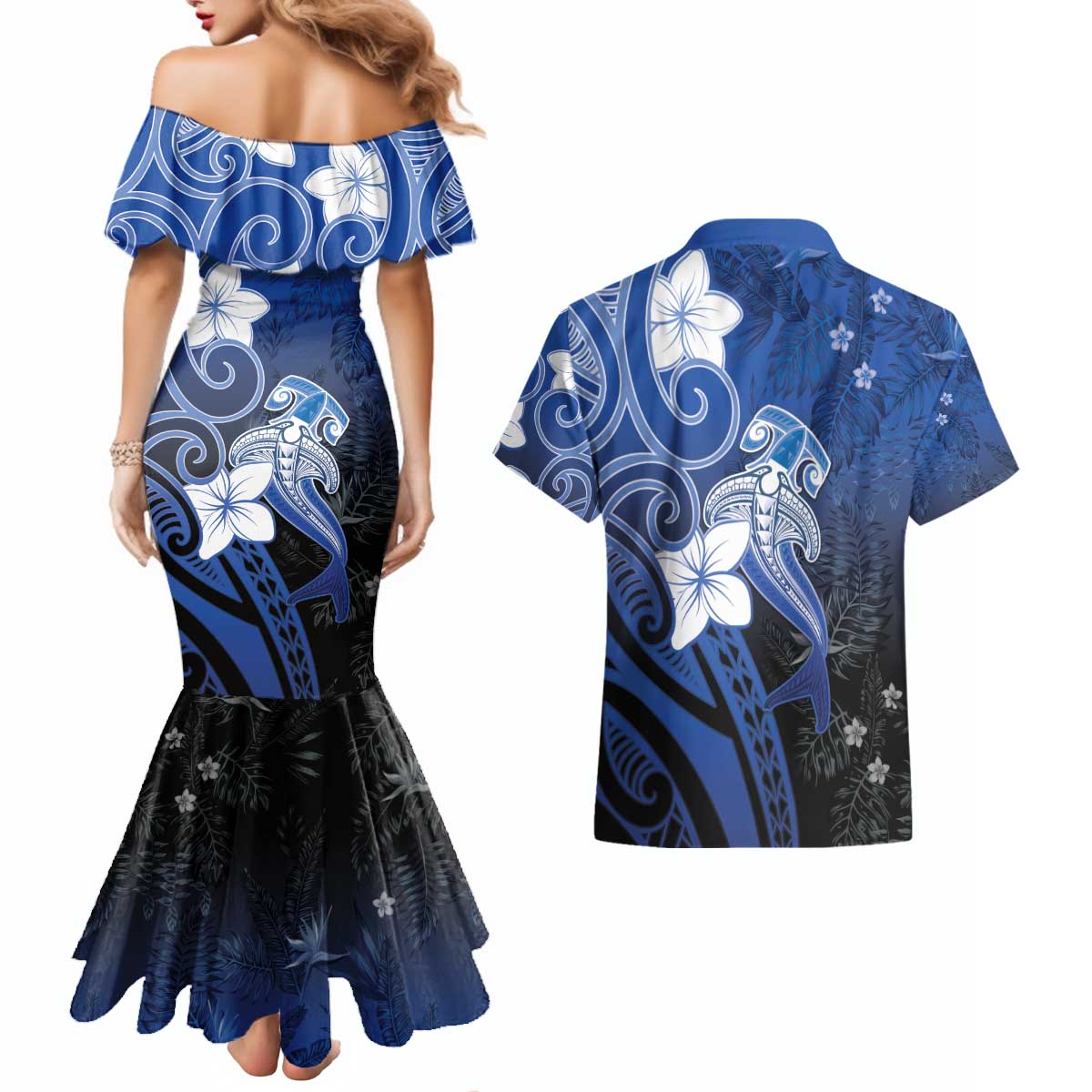 Polynesia Hammerhead Shark Couples Matching Mermaid Dress and Hawaiian Shirt Blue Tribal Pattern With Plumeria - Polynesian Pride