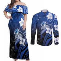 Polynesia Hammerhead Shark Couples Matching Off Shoulder Maxi Dress and Long Sleeve Button Shirt Blue Tribal Pattern With Plumeria - Polynesian Pride