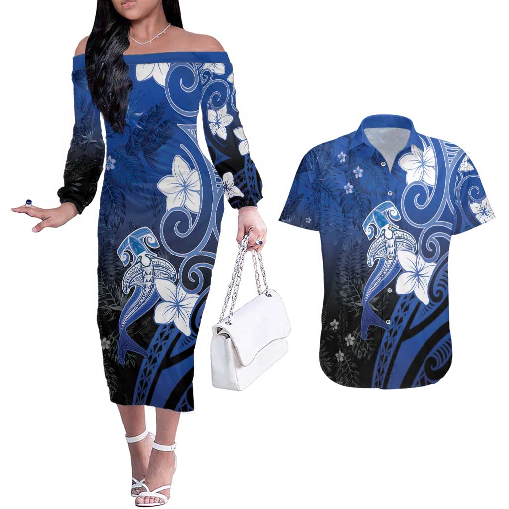 Polynesia Hammerhead Shark Couples Matching Off The Shoulder Long Sleeve Dress and Hawaiian Shirt Blue Tribal Pattern With Plumeria - Polynesian Pride