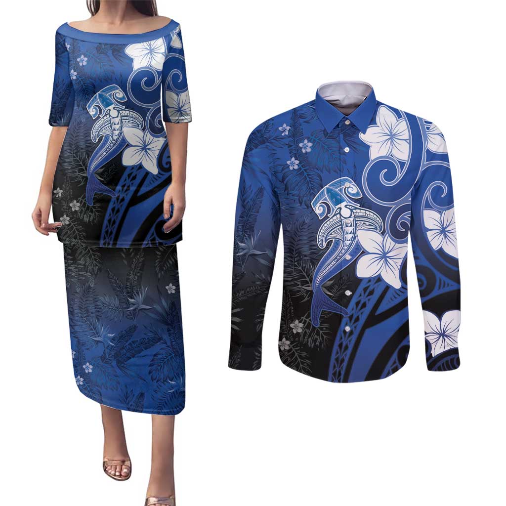 Polynesia Hammerhead Shark Couples Matching Puletasi and Long Sleeve Button Shirt Blue Tribal Pattern With Plumeria - Polynesian Pride