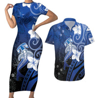 Polynesia Hammerhead Shark Couples Matching Short Sleeve Bodycon Dress and Hawaiian Shirt Blue Tribal Pattern With Plumeria - Polynesian Pride