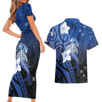 Polynesia Hammerhead Shark Couples Matching Short Sleeve Bodycon Dress and Hawaiian Shirt Blue Tribal Pattern With Plumeria - Polynesian Pride