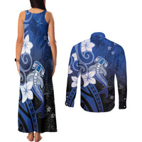 Polynesia Hammerhead Shark Couples Matching Tank Maxi Dress and Long Sleeve Button Shirt Blue Tribal Pattern With Plumeria - Polynesian Pride
