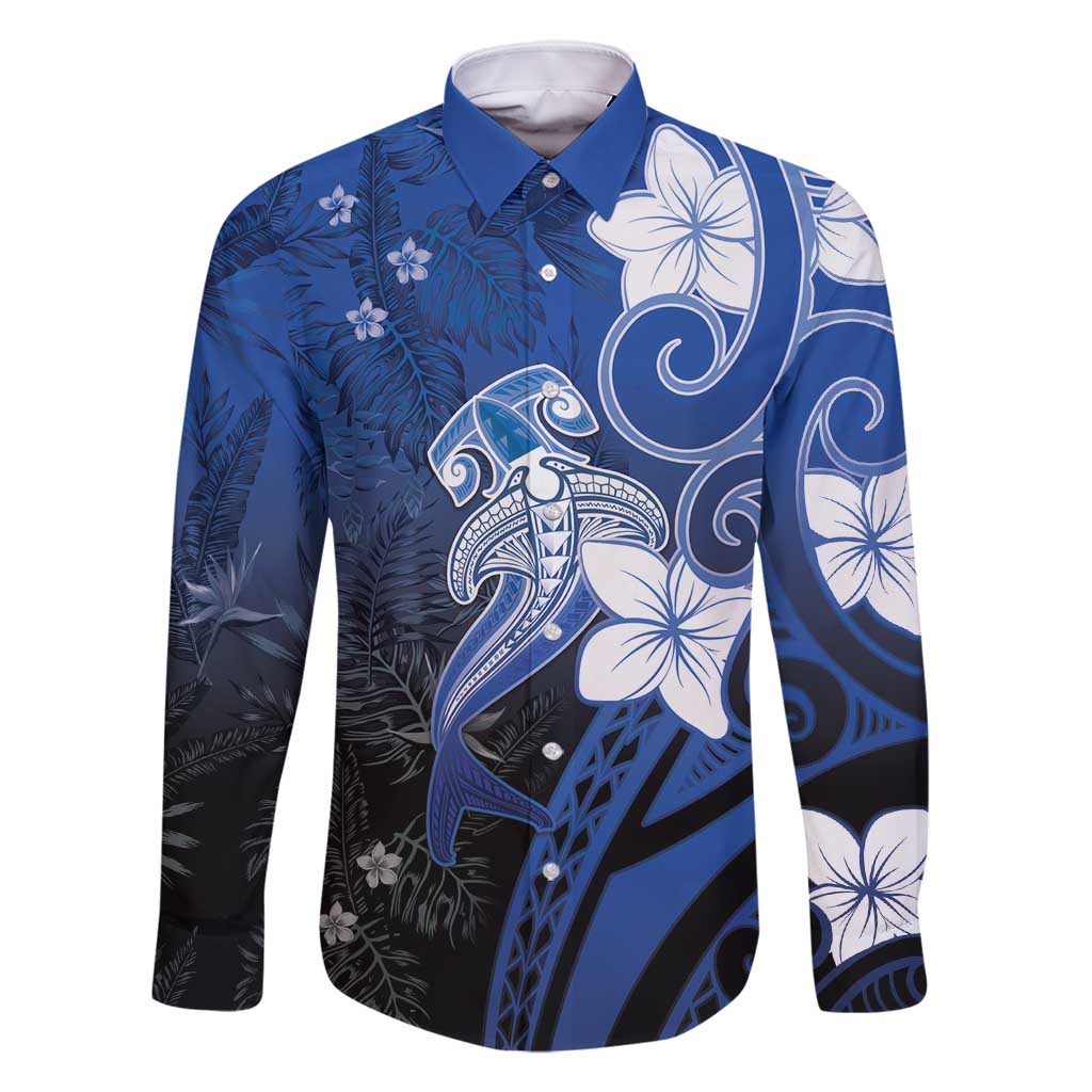 Polynesia Hammerhead Shark Family Matching Long Sleeve Bodycon Dress and Hawaiian Shirt Blue Tribal Pattern With Plumeria - Polynesian Pride