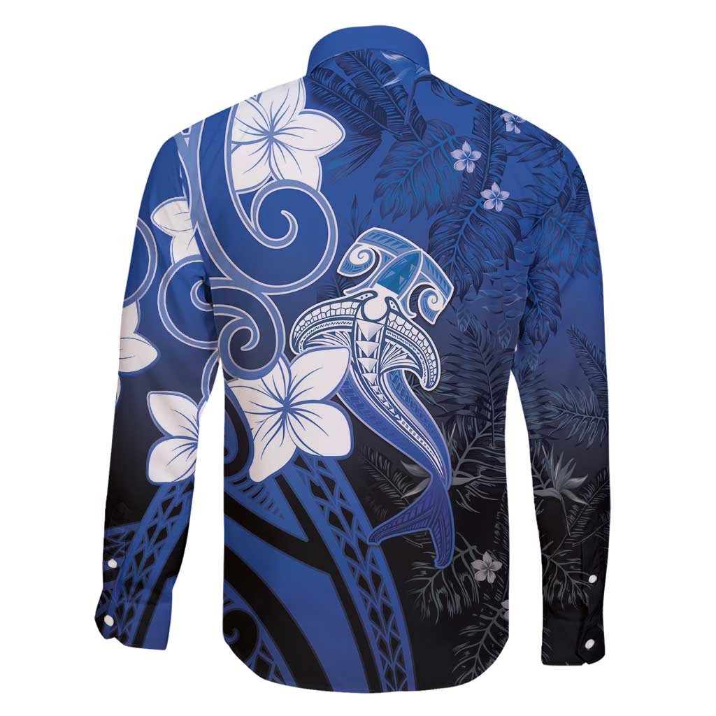 Polynesia Hammerhead Shark Family Matching Long Sleeve Bodycon Dress and Hawaiian Shirt Blue Tribal Pattern With Plumeria - Polynesian Pride