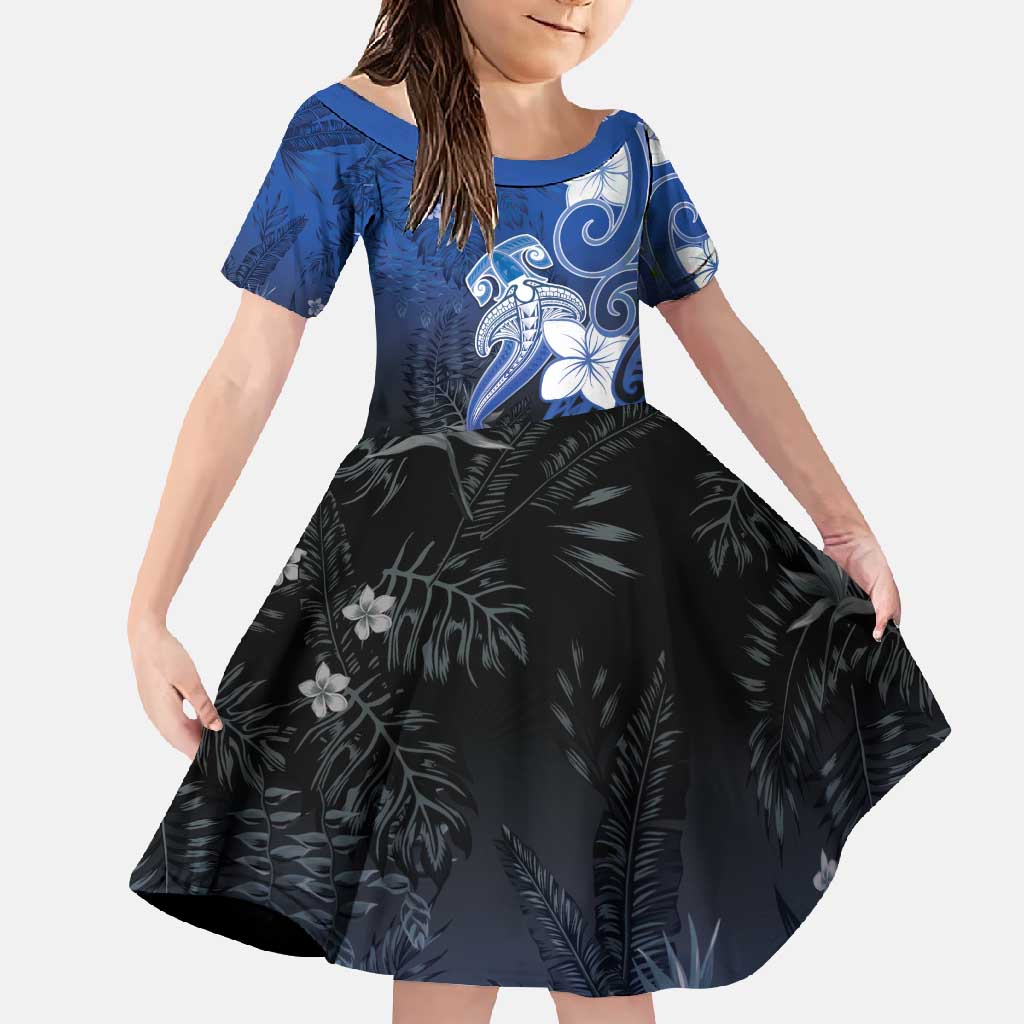 Polynesia Hammerhead Shark Family Matching Mermaid Dress and Hawaiian Shirt Blue Tribal Pattern With Plumeria - Polynesian Pride