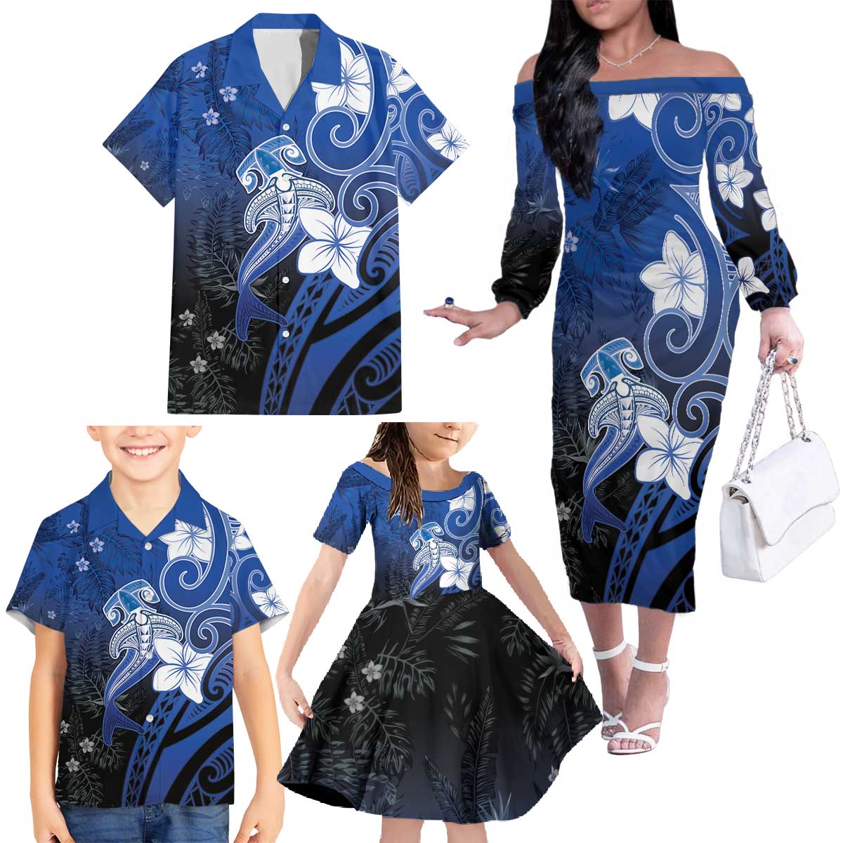 Polynesia Hammerhead Shark Family Matching Off The Shoulder Long Sleeve Dress and Hawaiian Shirt Blue Tribal Pattern With Plumeria - Polynesian Pride