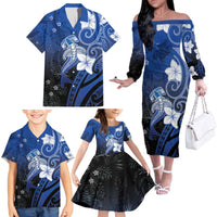 Polynesia Hammerhead Shark Family Matching Off The Shoulder Long Sleeve Dress and Hawaiian Shirt Blue Tribal Pattern With Plumeria - Polynesian Pride