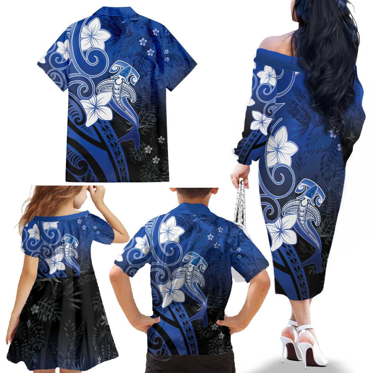 Polynesia Hammerhead Shark Family Matching Off The Shoulder Long Sleeve Dress and Hawaiian Shirt Blue Tribal Pattern With Plumeria - Polynesian Pride