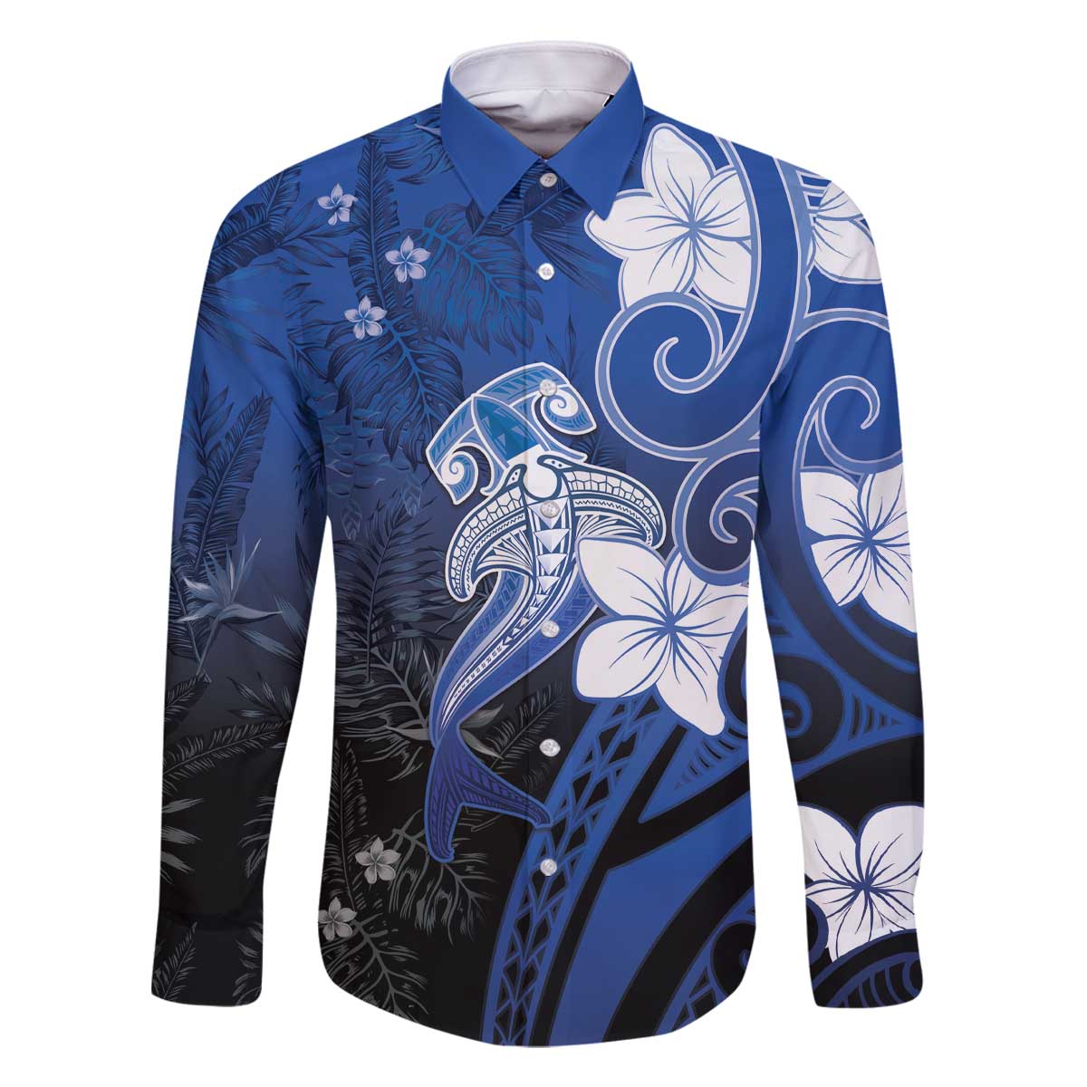Polynesia Hammerhead Shark Family Matching Off The Shoulder Long Sleeve Dress and Hawaiian Shirt Blue Tribal Pattern With Plumeria - Polynesian Pride
