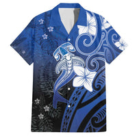 Polynesia Hammerhead Shark Family Matching Off Shoulder Short Dress and Hawaiian Shirt Blue Tribal Pattern With Plumeria - Polynesian Pride