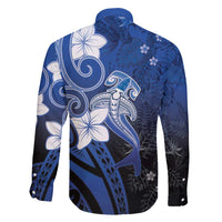 Polynesia Hammerhead Shark Family Matching Off Shoulder Short Dress and Hawaiian Shirt Blue Tribal Pattern With Plumeria - Polynesian Pride