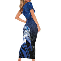 Polynesia Hammerhead Shark Family Matching Short Sleeve Bodycon Dress and Hawaiian Shirt Blue Tribal Pattern With Plumeria - Polynesian Pride