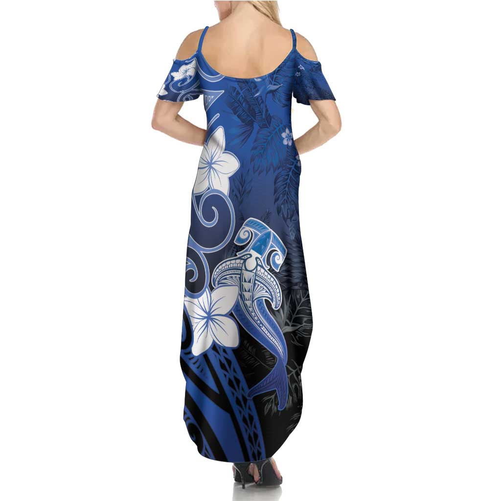 Polynesia Hammerhead Shark Family Matching Summer Maxi Dress and Hawaiian Shirt Blue Tribal Pattern With Plumeria - Polynesian Pride