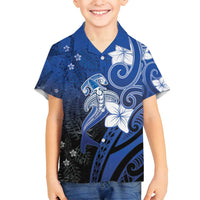 Polynesia Hammerhead Shark Family Matching Summer Maxi Dress and Hawaiian Shirt Blue Tribal Pattern With Plumeria - Polynesian Pride