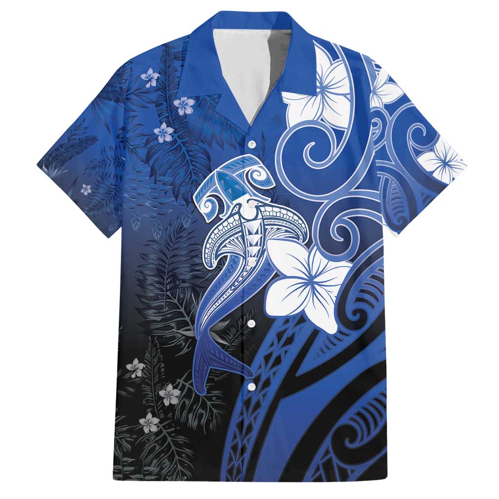 Polynesia Hammerhead Shark Family Matching Tank Maxi Dress and Hawaiian Shirt Blue Tribal Pattern With Plumeria - Polynesian Pride