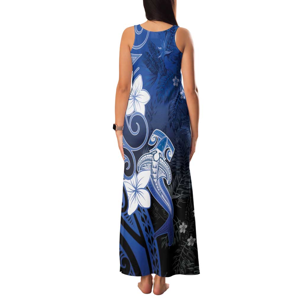 Polynesia Hammerhead Shark Family Matching Tank Maxi Dress and Hawaiian Shirt Blue Tribal Pattern With Plumeria - Polynesian Pride