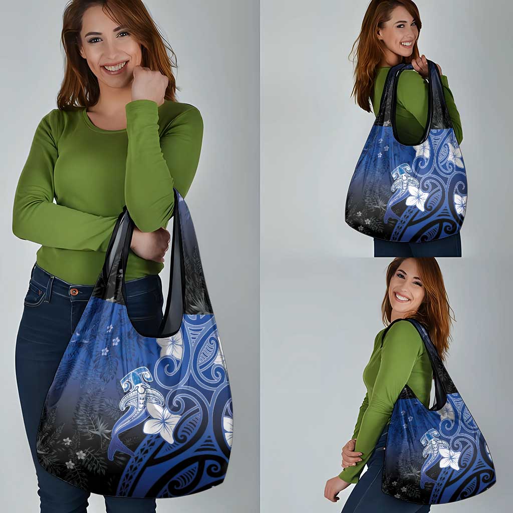 Polynesia Hammerhead Shark Grocery Bag Blue Tribal Pattern With Plumeria - Polynesian Pride