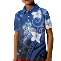 Polynesia Hammerhead Shark Kid Polo Shirt Blue Tribal Pattern With Plumeria - Polynesian Pride