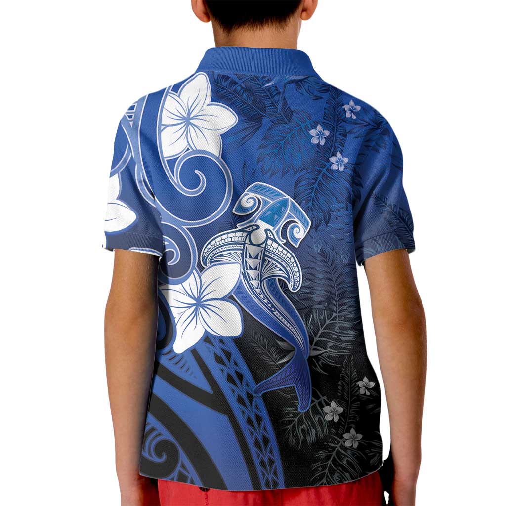 Polynesia Hammerhead Shark Kid Polo Shirt Blue Tribal Pattern With Plumeria - Polynesian Pride