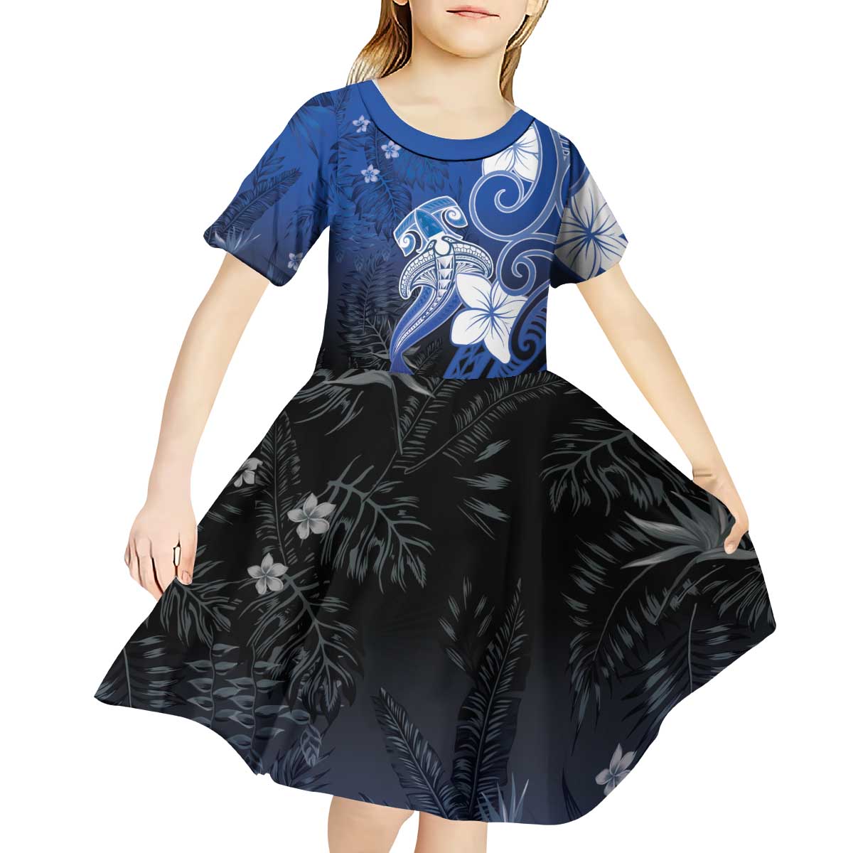 Polynesia Hammerhead Shark Kid Short Sleeve Dress Blue Tribal Pattern With Plumeria - Polynesian Pride