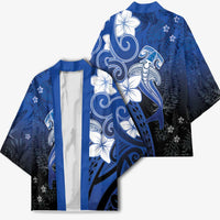 Polynesia Hammerhead Shark Kimono Blue Tribal Pattern With Plumeria - Polynesian Pride