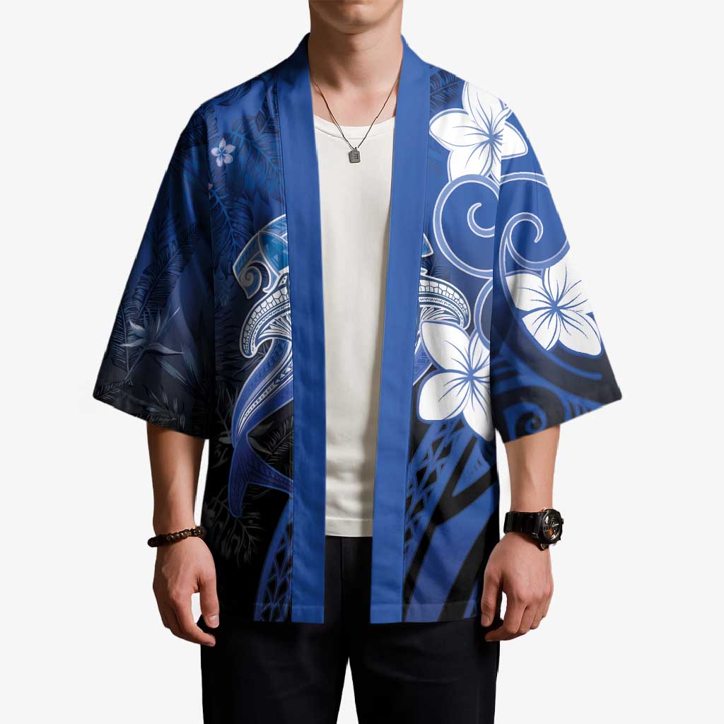 Polynesia Hammerhead Shark Kimono Blue Tribal Pattern With Plumeria - Polynesian Pride
