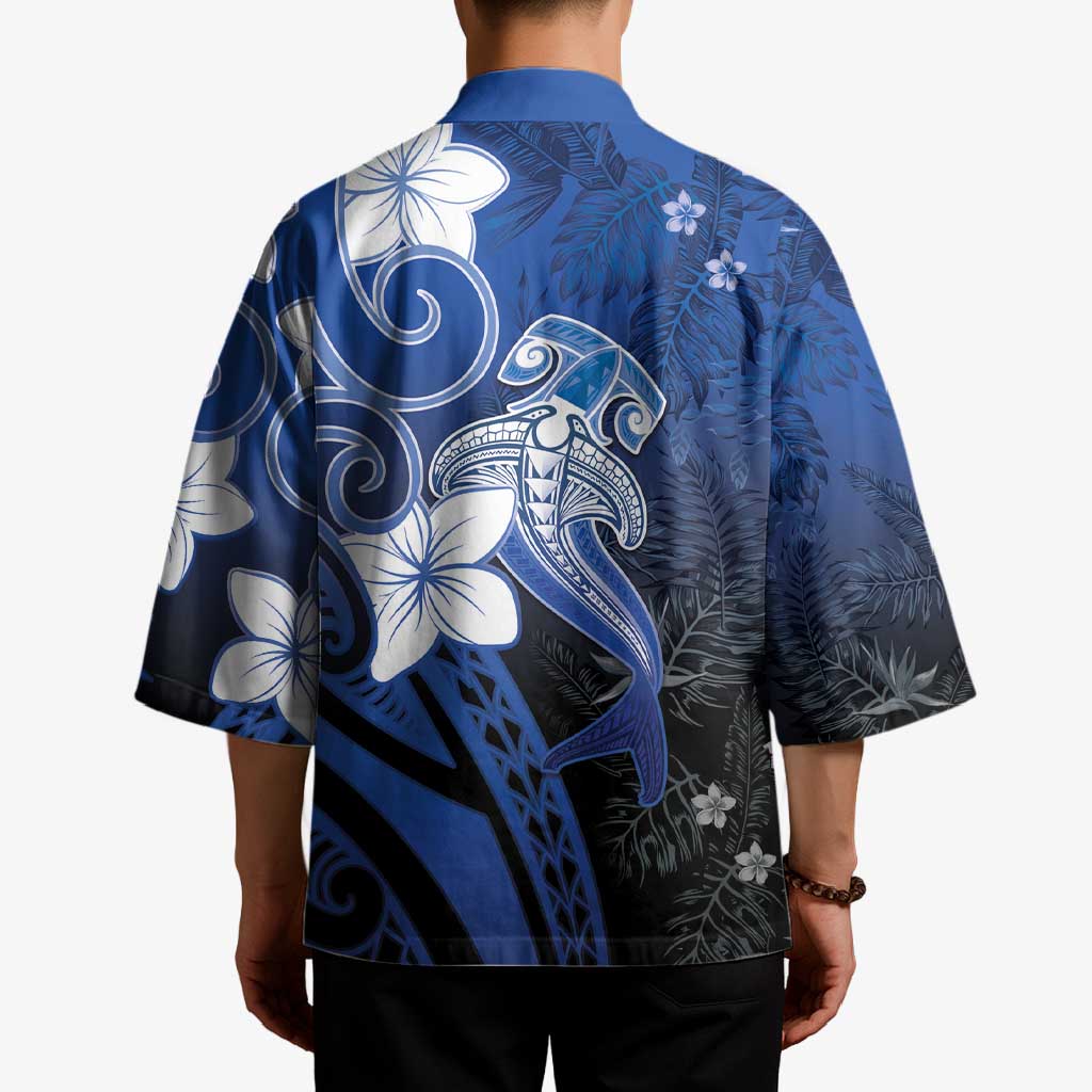 Polynesia Hammerhead Shark Kimono Blue Tribal Pattern With Plumeria - Polynesian Pride