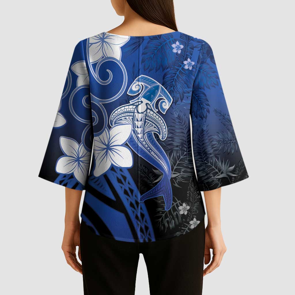 Polynesia Hammerhead Shark Kimono Sleeve Blouse Blue Tribal Pattern With Plumeria - Polynesian Pride