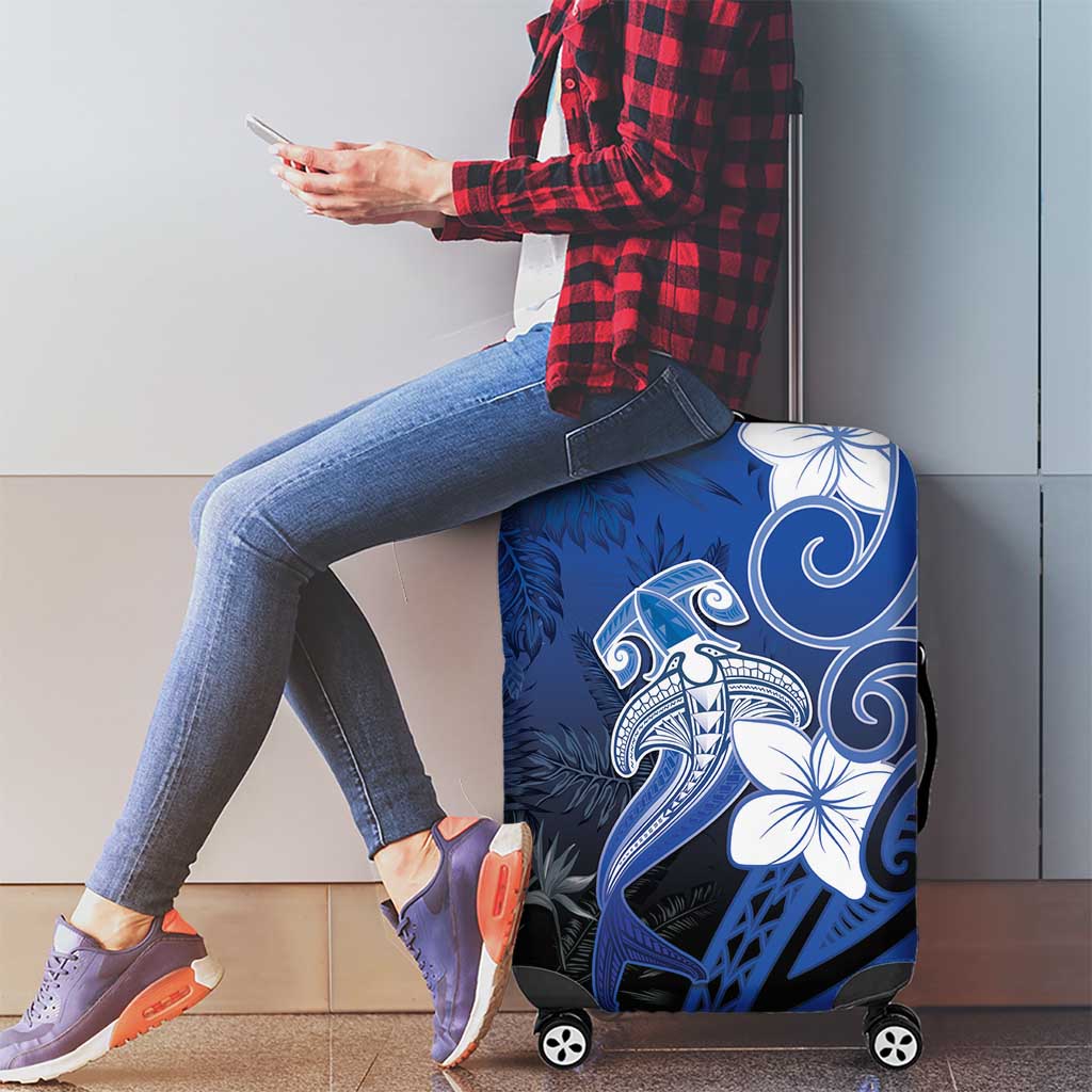 Polynesia Hammerhead Shark Luggage Cover Blue Tribal Pattern With Plumeria - Polynesian Pride