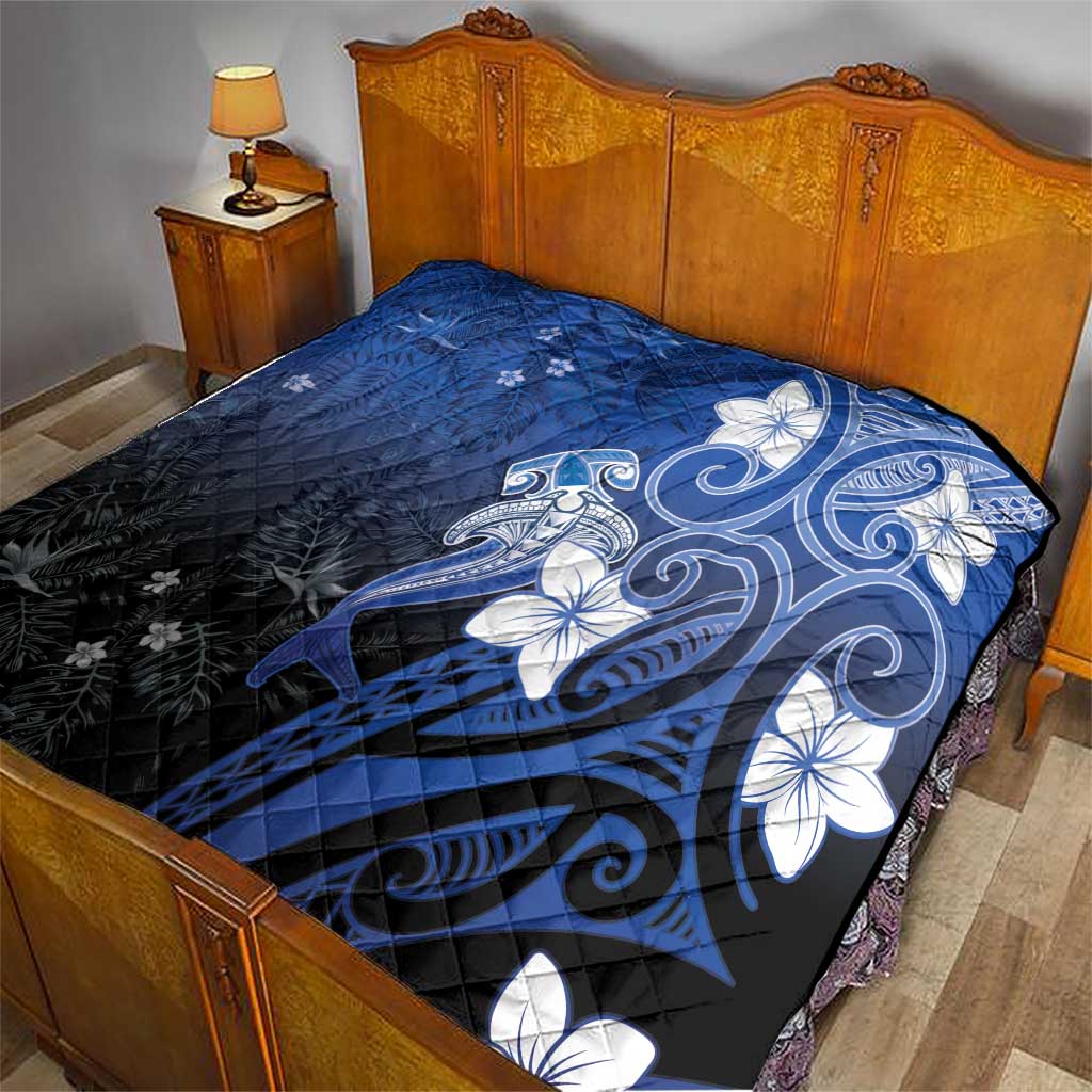 Polynesia Hammerhead Shark Quilt Blue Tribal Pattern With Plumeria - Polynesian Pride