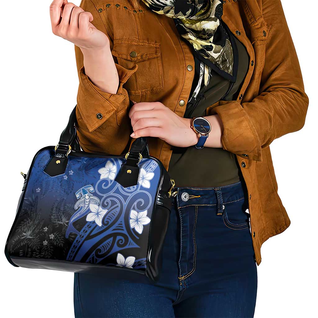 Polynesia Hammerhead Shark Shoulder Handbag Blue Tribal Pattern With Plumeria - Polynesian Pride