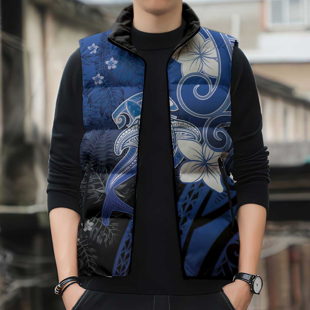 Polynesia Hammerhead Shark Sleeveless Puffer Jacket Blue Tribal Pattern With Plumeria - Polynesian Pride