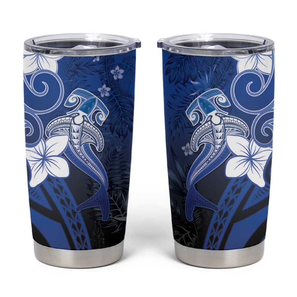 Polynesia Hammerhead Shark Tumbler Cup Blue Tribal Pattern With Plumeria - Polynesian Pride